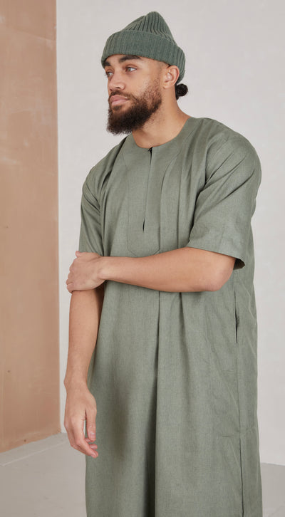 Men's Short Sleeve Linen Thobe - Olive