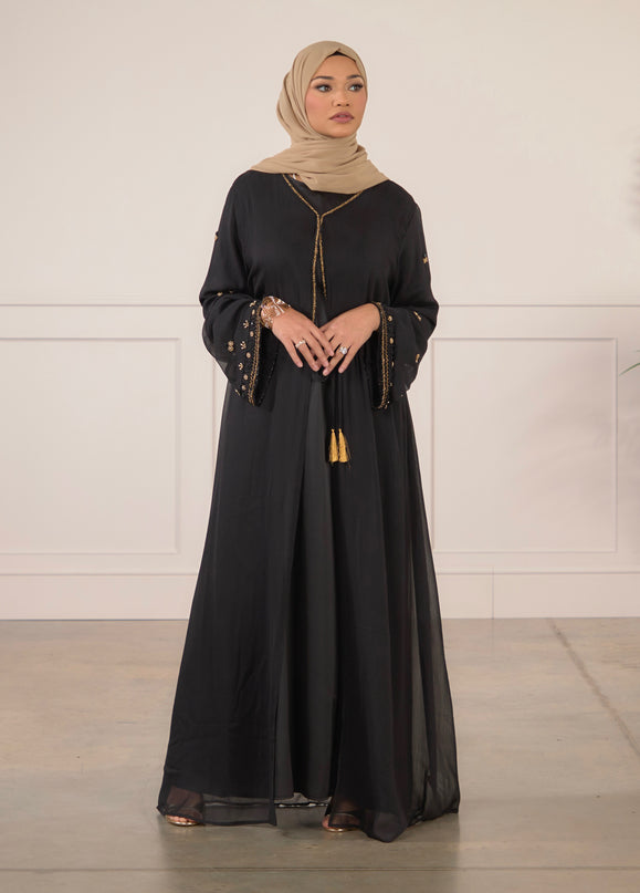 Chiffon Embellished Abaya - Black