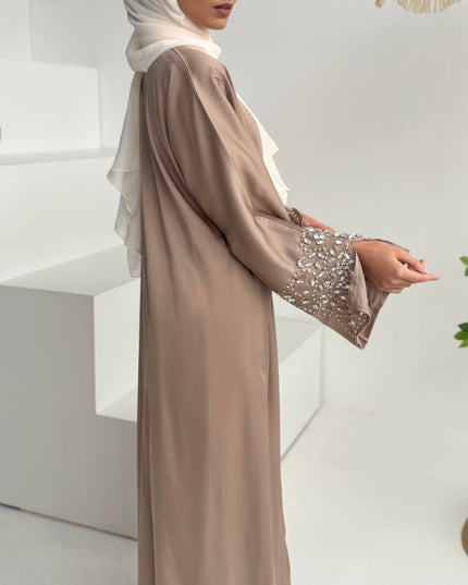almond abaya with slitted stone embellished sleeves