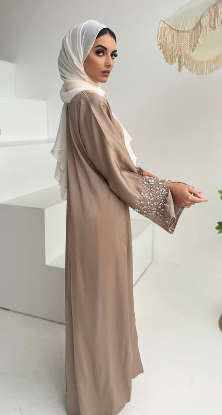 almond abaya with slitted stone embellished sleeves