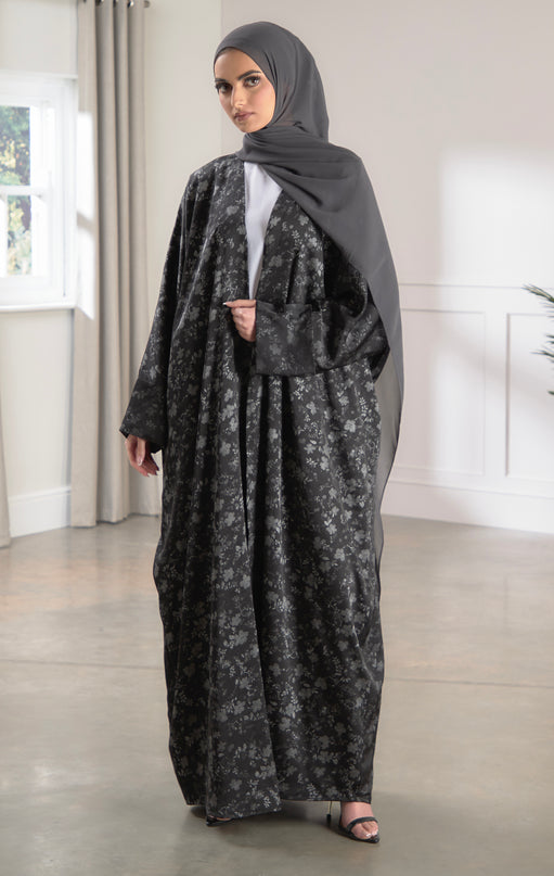 batwing silver floral abaya