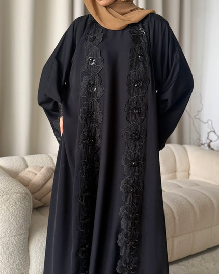 black abaya with floral lace border