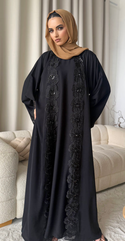black abaya with floral lace border