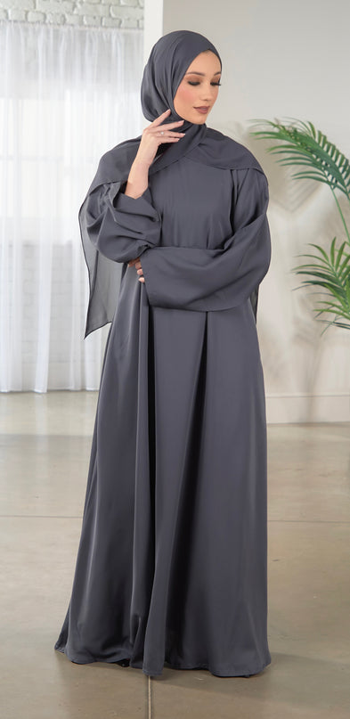 Casual Abaya with Pockets and Matching Hijab - Grey