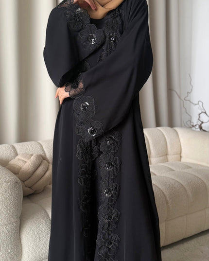 black abaya with floral lace border