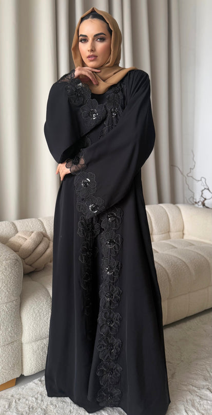 black abaya with floral lace border