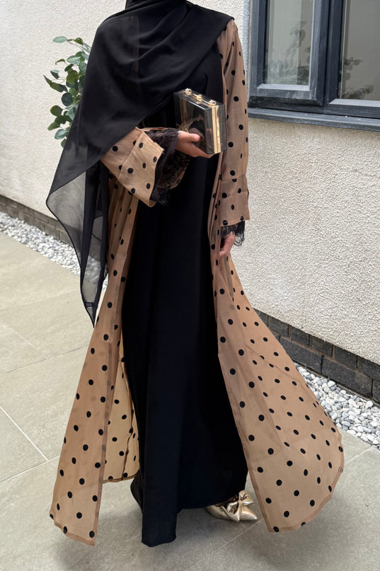 Polka Dot Abaya with Lace Sleeves Set