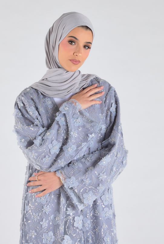 Grey Floral Net Abaya - Limited Edition
