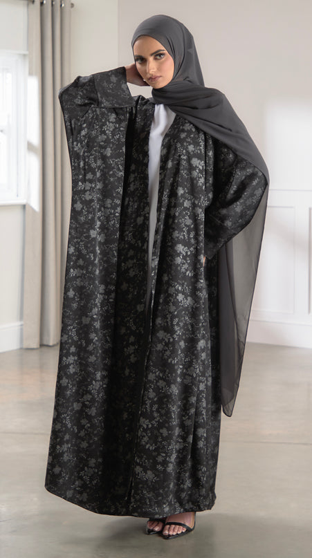 batwing silver floral abaya