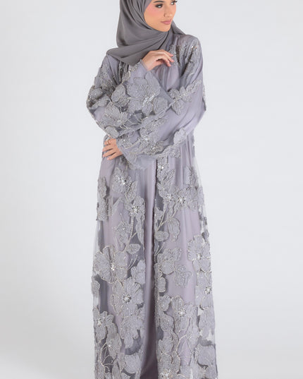 Sofina Floral Net Abaya Set (Slip Dress and Hijab included) GREY - Limited Edition