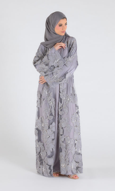 Sofina Floral Net Abaya Set (Slip Dress and Hijab included) GREY - Limited Edition