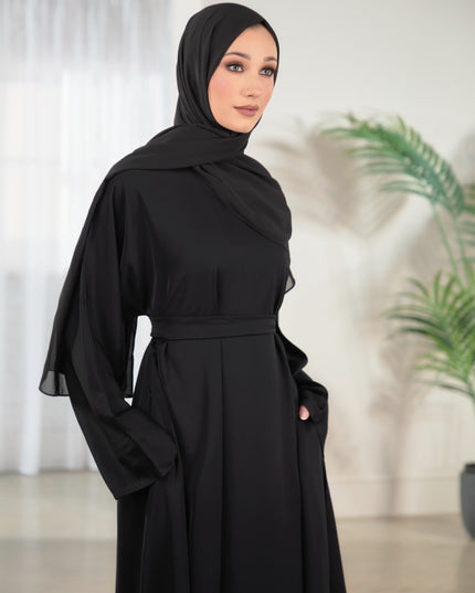 Casual Abaya with Pockets and Matching Hijab - Black