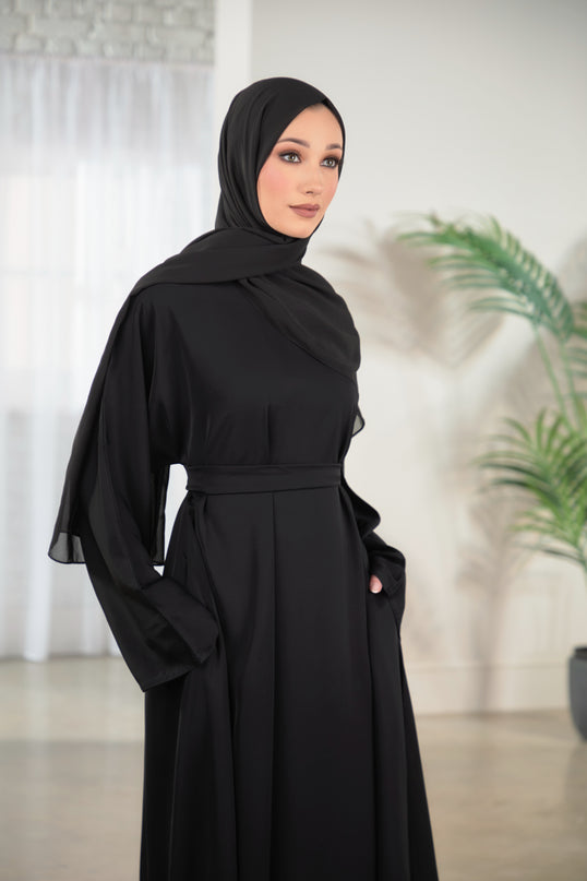 Casual Abaya with Pockets and Matching Hijab - Black