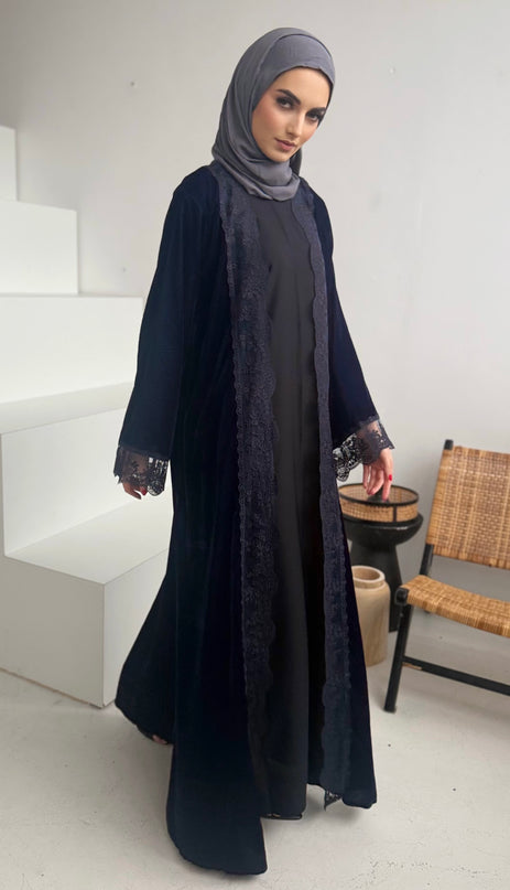 Navy Velvet Lace Abaya