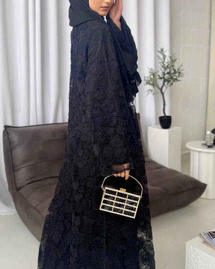 net floral abaya black with inner slip dress