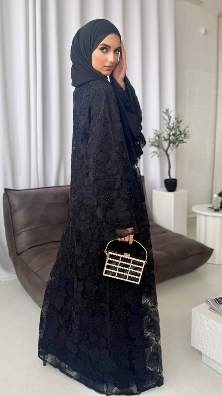 net floral abaya black with inner slip dress