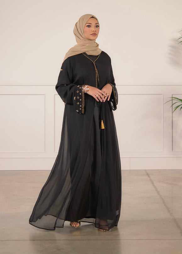 Chiffon Embellished Abaya - Black