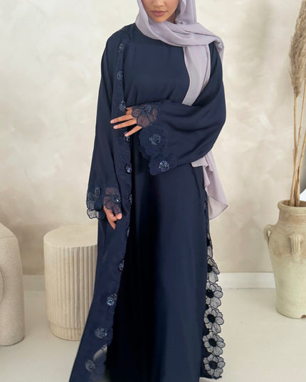 navy abaya with floral lace border
