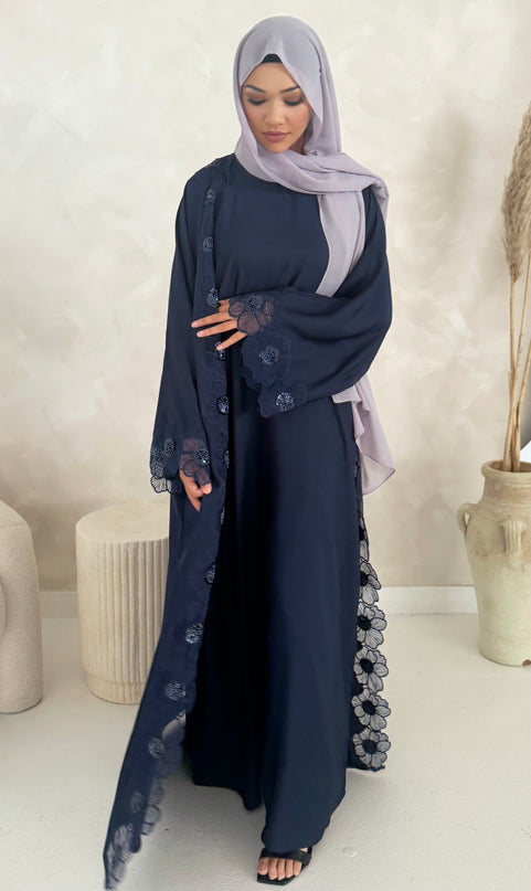 Floral Net Abaya Set - Chocolate