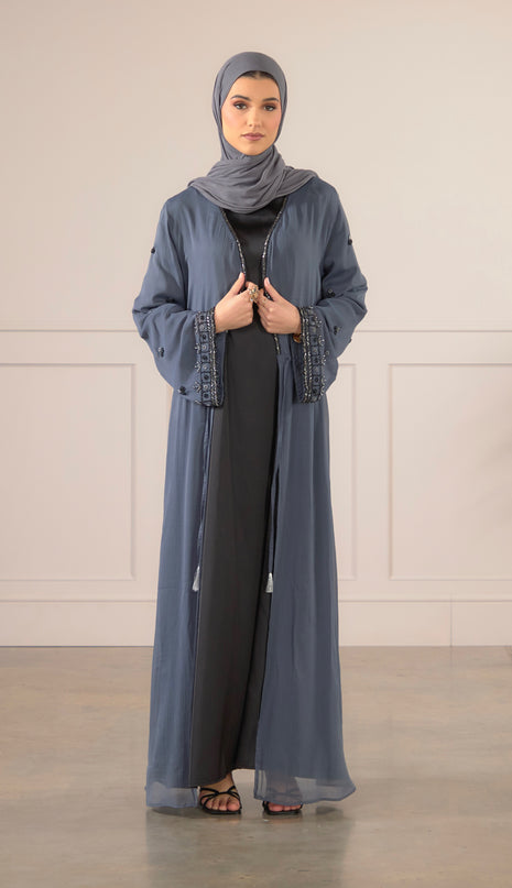 Chiffon Embellished Abaya - Grey
