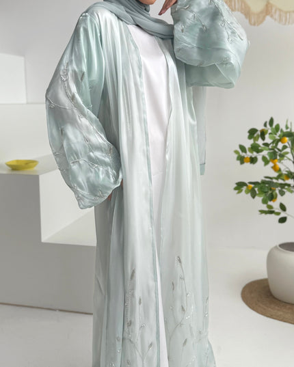 mint abaya with silver embellishments