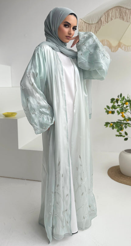 mint abaya with silver embellishments