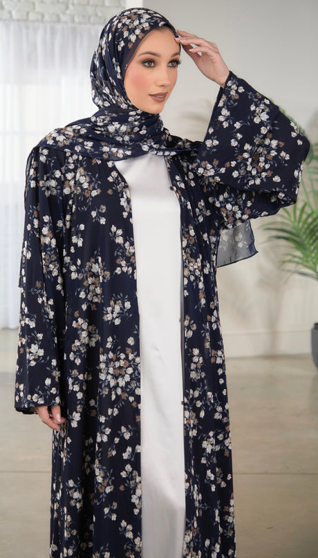 Navy Floral Abaya With Matching Hijab