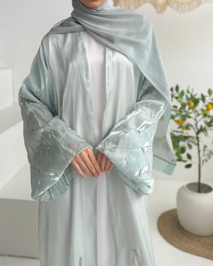 mint abaya with silver embellishments