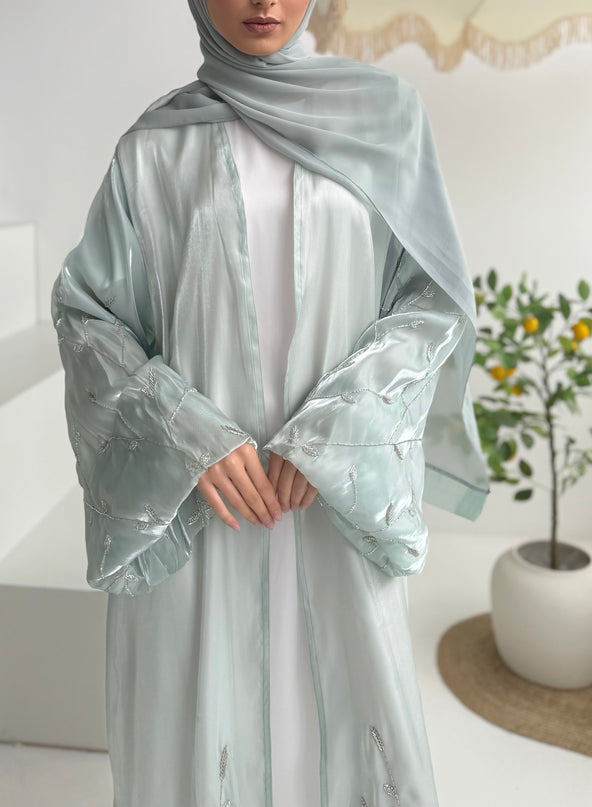 mint abaya with silver embellishments