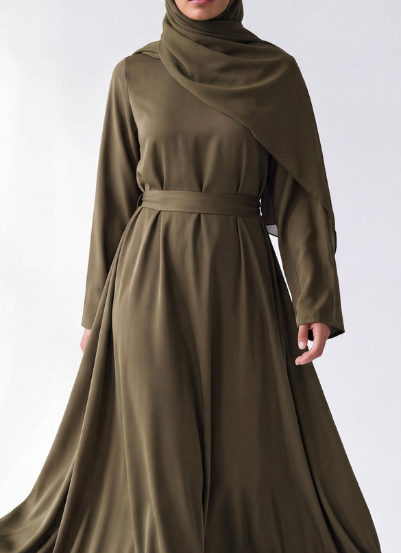 Casual Abaya with Pockets and Matching Hijab - Forest Green