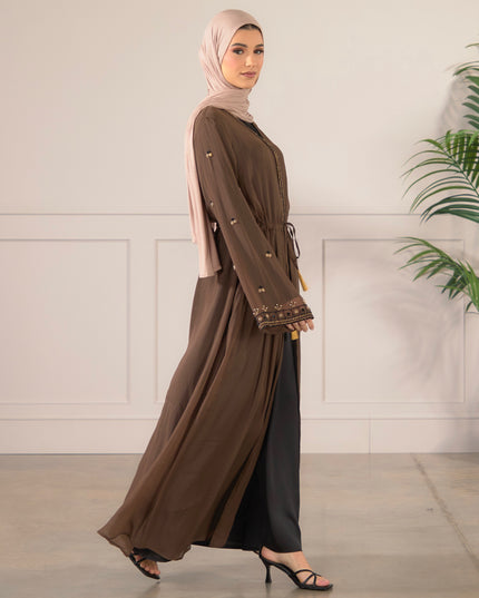Chiffon Embellished Abaya - Coffee