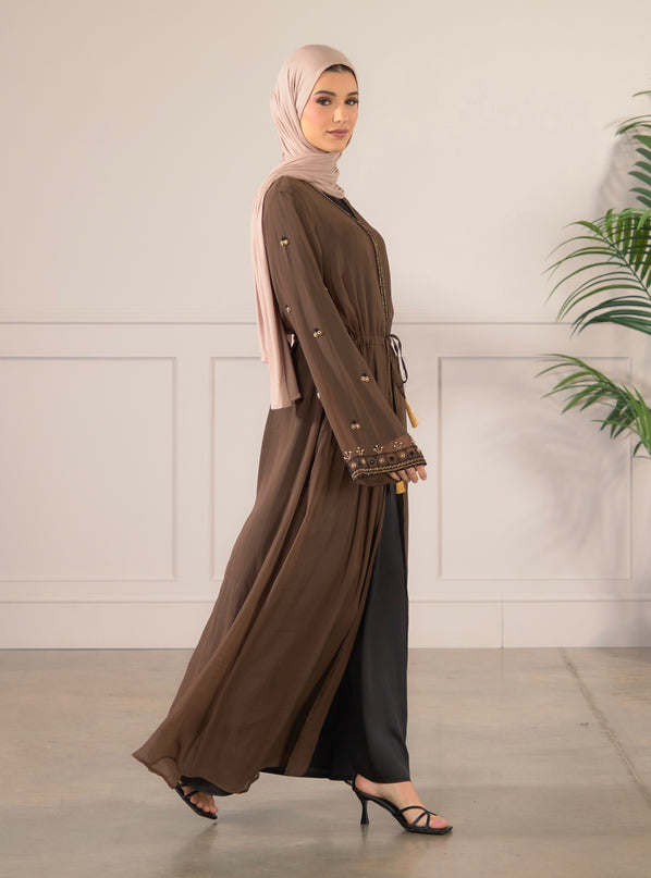 Chiffon Embellished Abaya - Coffee