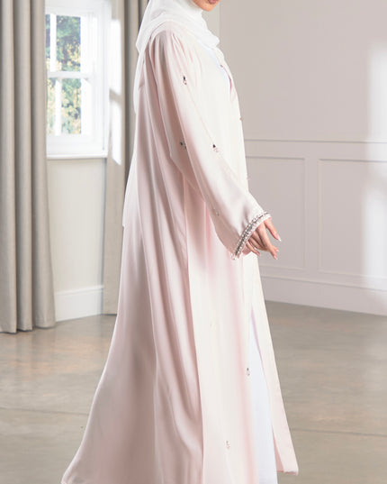 baby pink abaya with scattered pearls