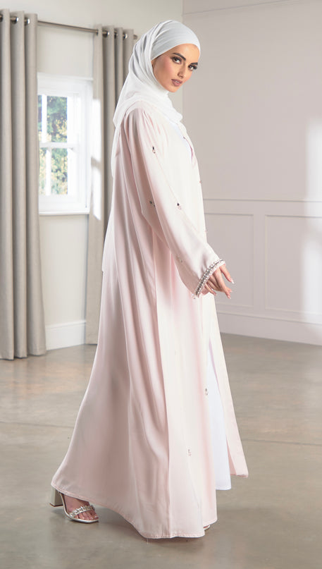 baby pink abaya with scattered pearls