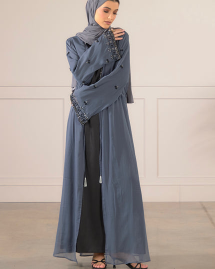 Chiffon Embellished Abaya - Grey