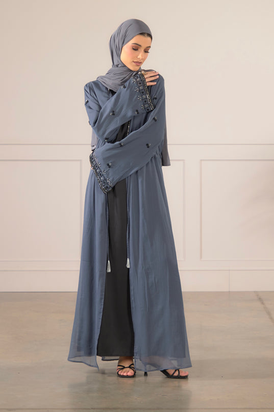 Chiffon Embellished Abaya - Grey