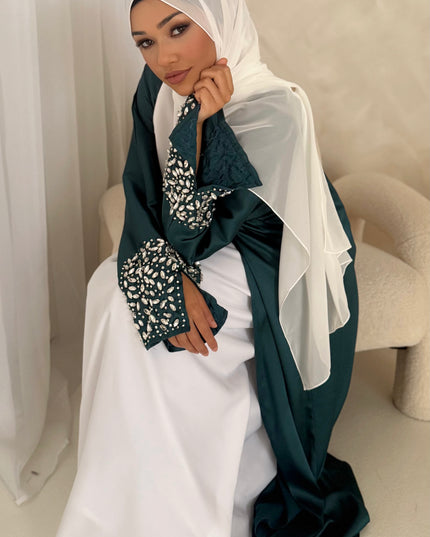 teal abaya with slitted stone embellished sleeves