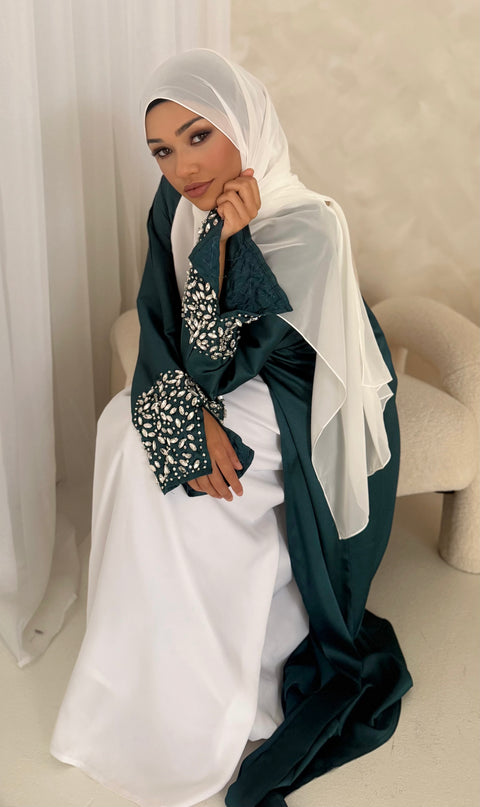 teal abaya with slitted stone embellished sleeves