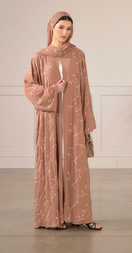 Leaf Embroidered Abaya With Matching Hijab - Camel