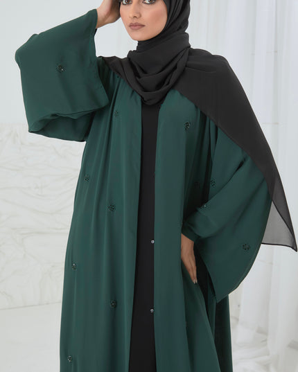 green open abaya with scattered floral embellishments