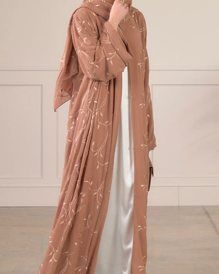 Leaf Embroidered Abaya With Matching Hijab - Camel