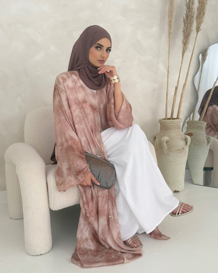 pink ombre tie dye open abaya with buttons 