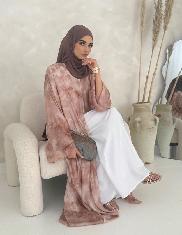 pink ombre tie dye open abaya with buttons 