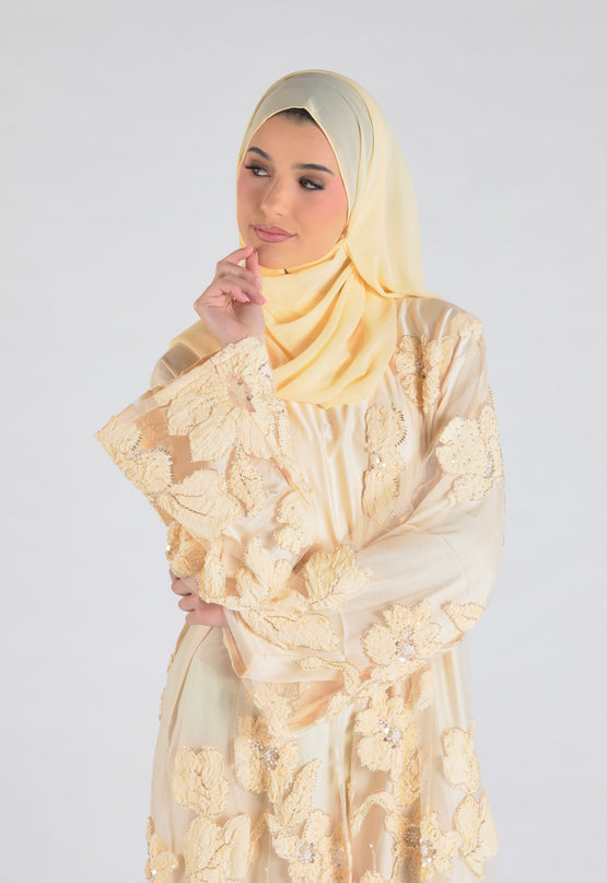 Sofina Floral Net Abaya Set (Slip Dress and Hijab included) PEACH - Limited Edition