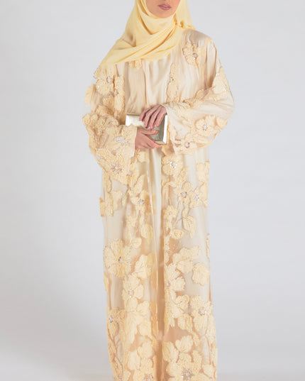 Sofina Floral Net Abaya Set (Slip Dress and Hijab included) PEACH - Limited Edition