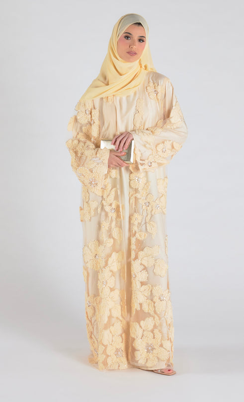 Sofina Floral Net Abaya Set (Slip Dress and Hijab included) PEACH - Limited Edition