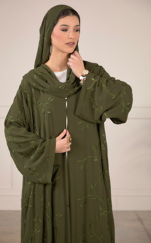 Leaf Embroidered Abaya With Matching Hijab - Forest Green