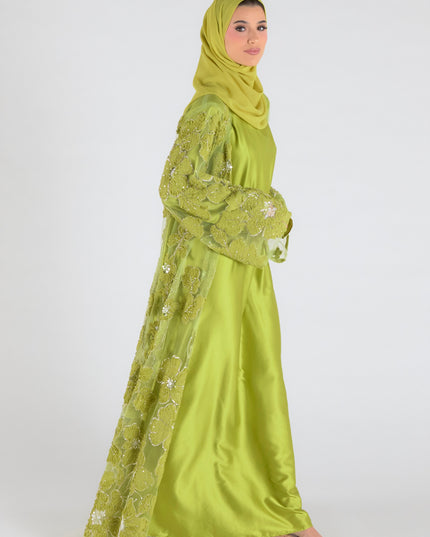 Sofina Floral Net Abaya Set (Slip Dress and Hijab included) NEON GREEN - Limited Edition