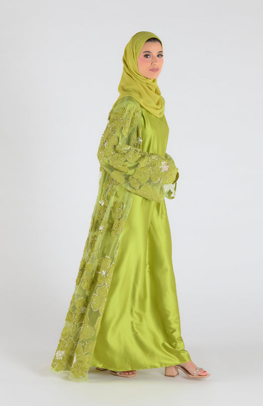 Sofina Floral Net Abaya Set (Slip Dress and Hijab included) NEON GREEN - Limited Edition