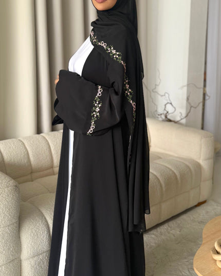 black abaya with floral embroidery